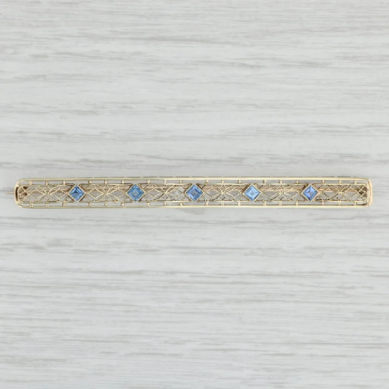 Vintage Brooch For Formal Wear-Vintage Art Deco 0.70ctw Blue Sapphire Floral Filigree Bar Pin 14k Gold Brooch