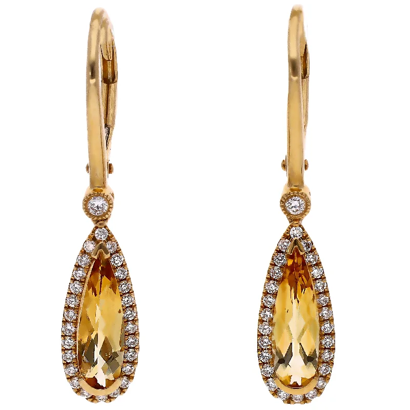 Classic Silver Drop Earrings-14K Yellow Gold Pear Shaped Citrine & Diamond Leverback Earrings