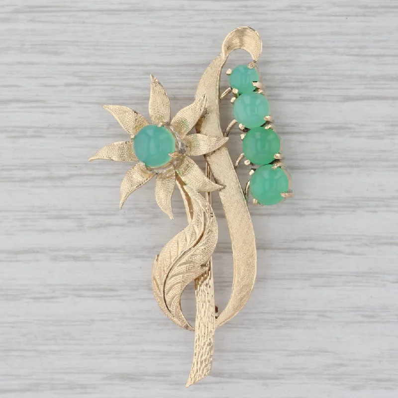 Retro Brooch For Fall Fashion-Vintage Green Chrysoprase Flower Brooch 14k Yellow Gold Floral Statement Pin