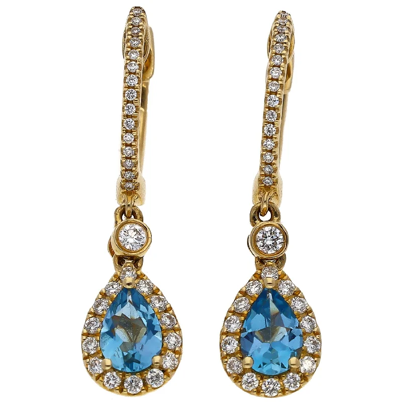 Elegant Sapphire Earrings for Special Events-14K Yellow Gold Pear Shaped Aquamarine & Diamond Dangle Earrings