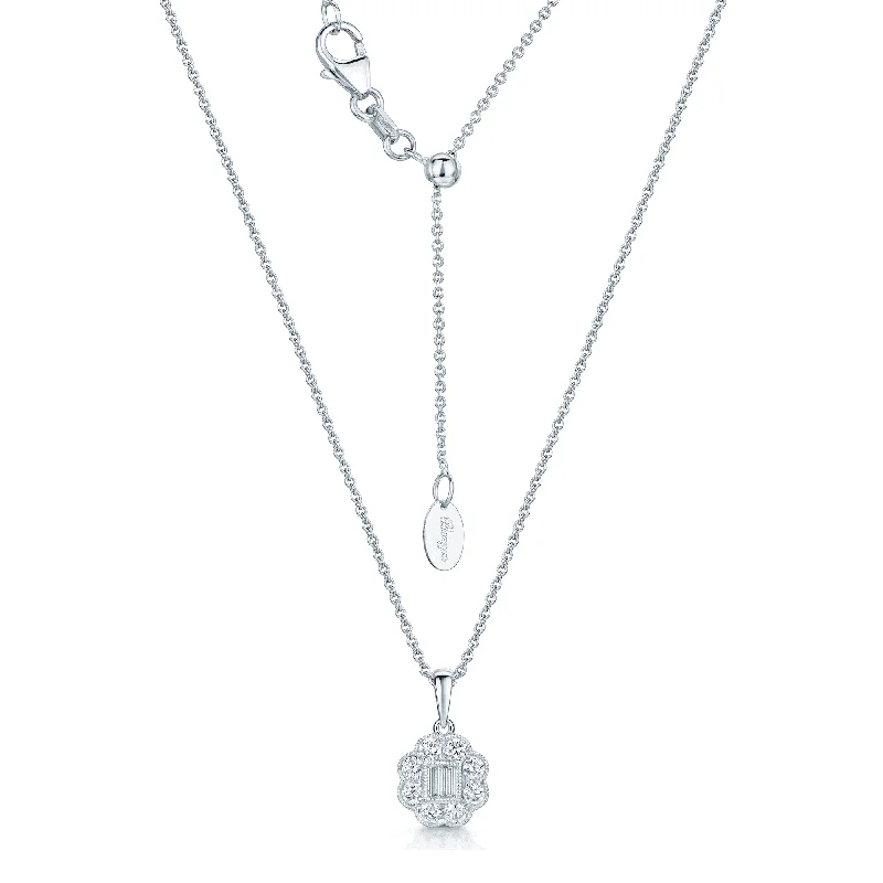 Sparkling Teardrop Necklace for Evening Out-18ct White Gold Round Brilliant And Baguette Cut Diamond Flower Cluster Pendant With A Milgrain Edge