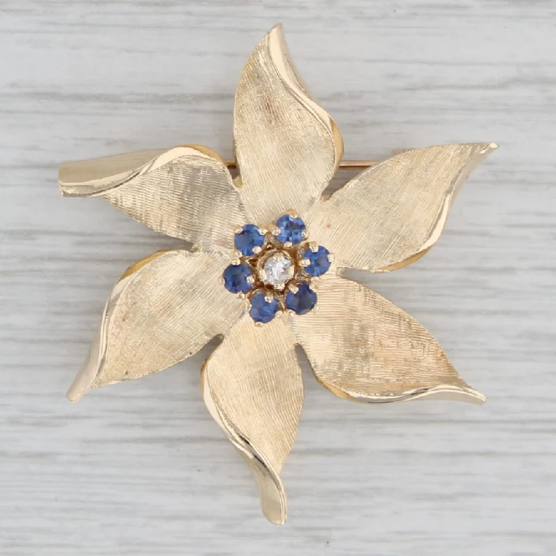 Brooch With Elegant Stones-0.36ctw Lab Created Sapphire Diamond Flower Brooch 14k Gold Vintage Floral Pin