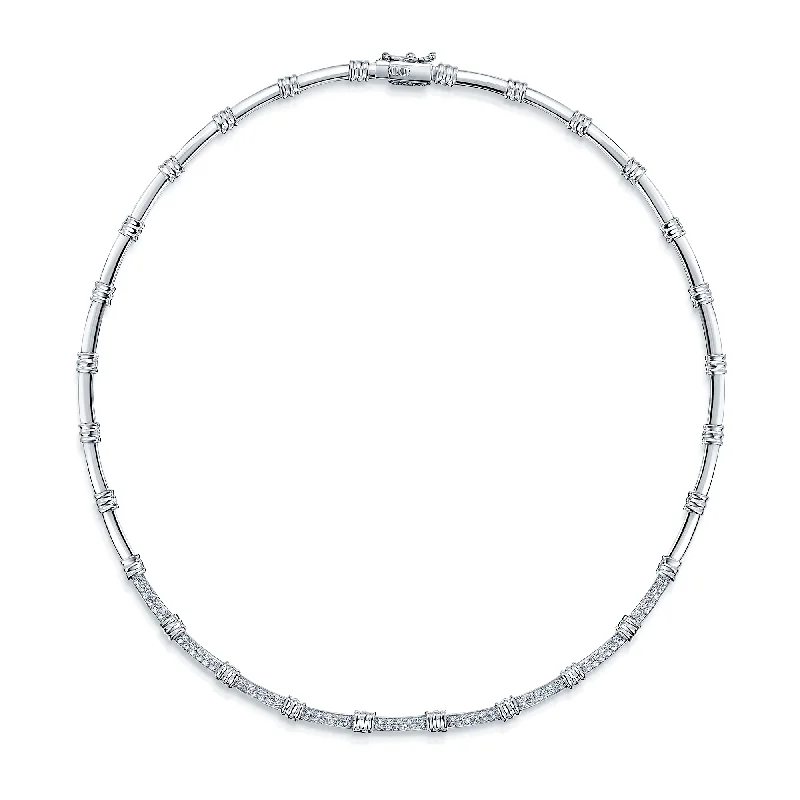 Long Silver Chain Necklace with Pendant-18ct White Gold Diamond Pave Set Collarette