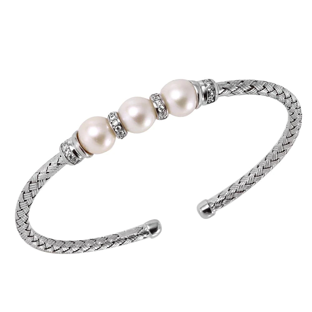 Personalized Silver Bracelet for Wedding Gifts-Sterling Silver Pearl and CZ Cuff Bracelet