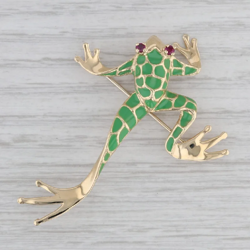 Brooch For Evening Parties-Ruby Green Resin Frog Brooch 14k Yellow Gold Dankner Statement Pin