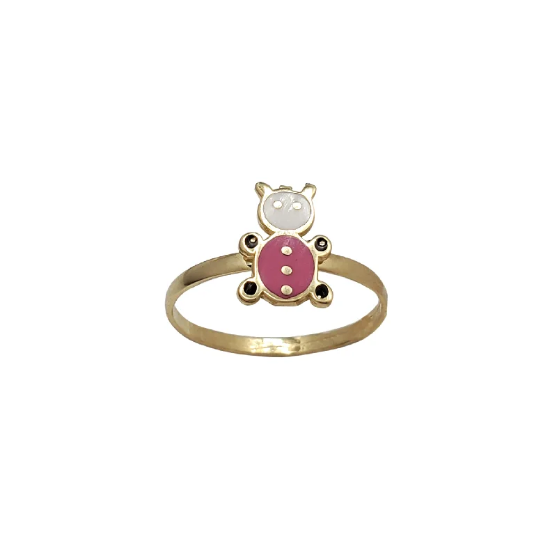 Vintage Sapphire Wedding Ring for Special Occasions-Enameled Pink & White Teddy Bear Ring (14K)