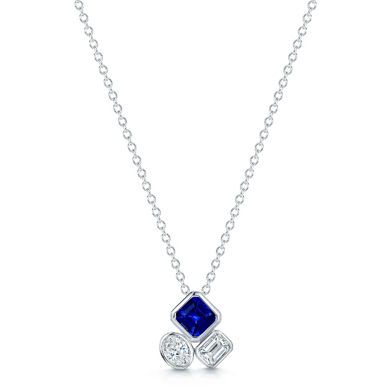 Trendy Chain Necklace with Multiple Pendants-18ct White Gold Mixed Cut Sapphire And Diamond Rub Over Pendant