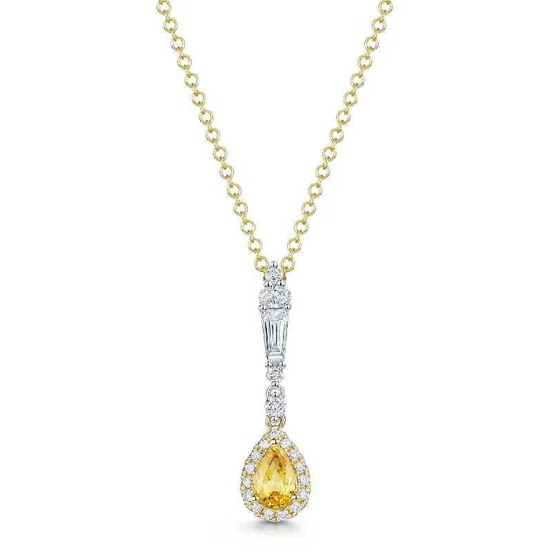 Elegant Choker Necklace with Diamond Accents-18ct Yellow & White Gold Pear Cut Yellow Sapphire Diamond Halo Pendant