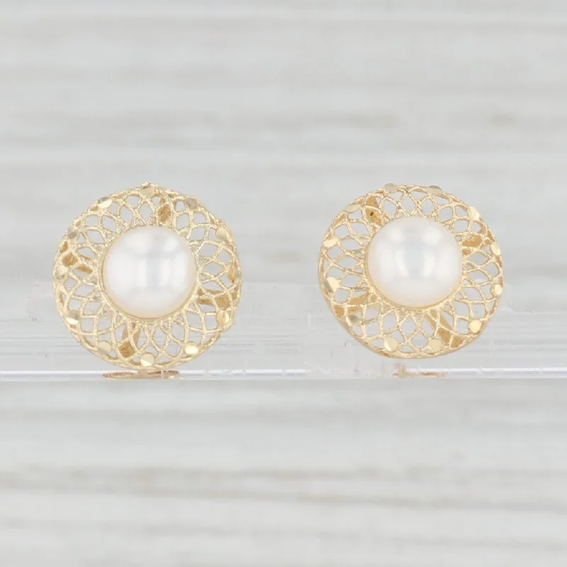 Stunning Drop Earrings for Evening Wear-Freshwater Cultured Pearl Filigree Stud Earrings 14k Yellow Gold