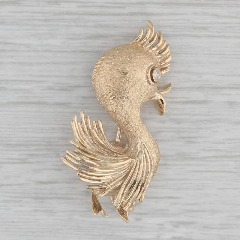 Classic Brooch With Pearls-Vintage Diamond Eyed Chicken Brooch 14k Yellow Gold Pin