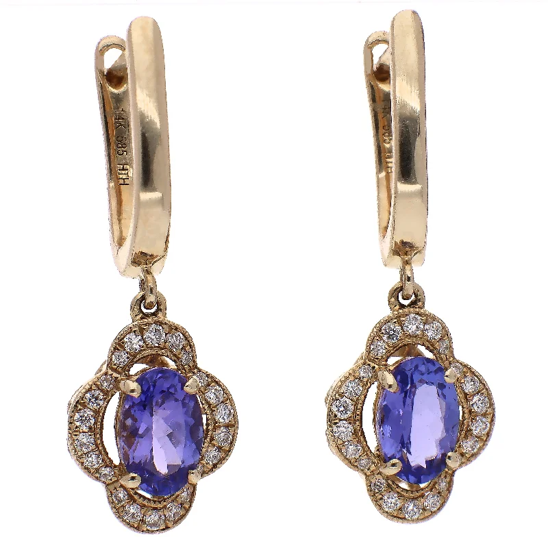 Large Dangle Earrings for Women-14K Yellow Gold Oval Cut Tanzanite with Diamond Halo Drop Earrings