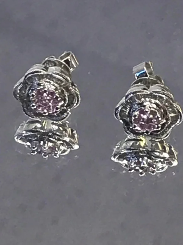 Cute Silver Earrings for Teenagers-14 Karat White Gold Diamond & Pink Sapphire Stud Earrings