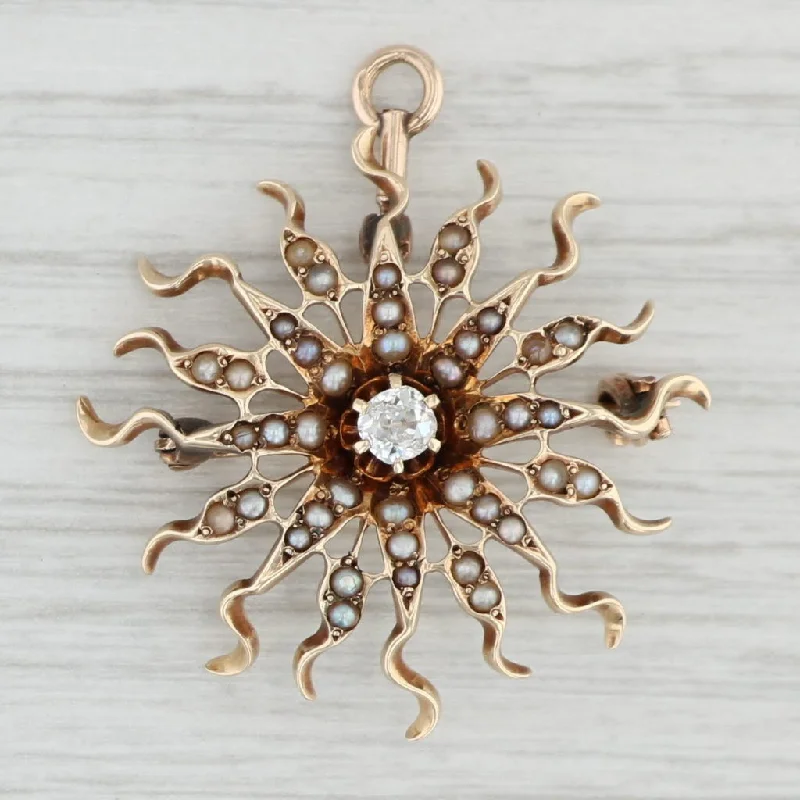 Sparkling Vintage Brooch-Antique Diamond Seed Pearl Sun Brooch 14k Gold Pendant Pin