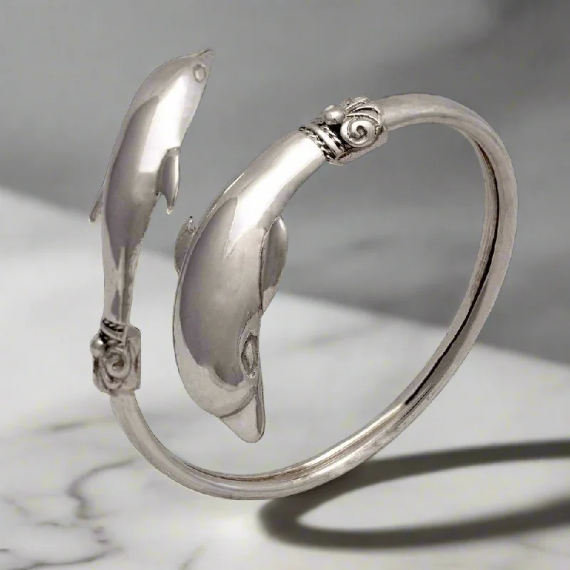 Personalized Silver Bangles with Gemstone Inlays-Two Headed Minoan Dolphins Torc Bangle, Minoan Bracelet