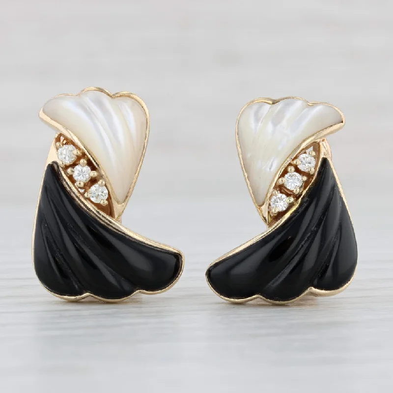 Stylish Silver Earrings for Weddings-Mother of Pearl Onyx Diamond Clip On Earrings 14k Yellow Gold Non Pierced