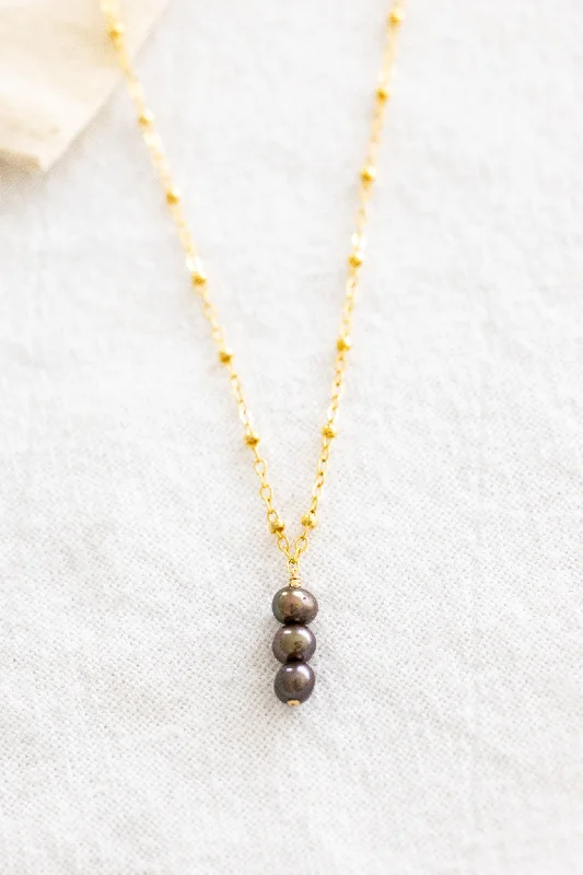 Elegant Long Gold Necklace for Weddings-Triple Stacked Chocolate Pearl Beam Necklace