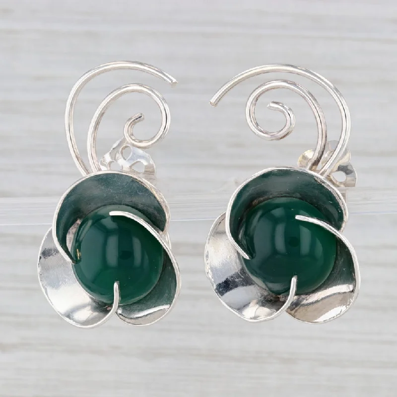 Heart Shaped Earrings for Valentine’s Day-Vintage Green Glass Flower Earrings Sterling Silver Clip On Non Pierced