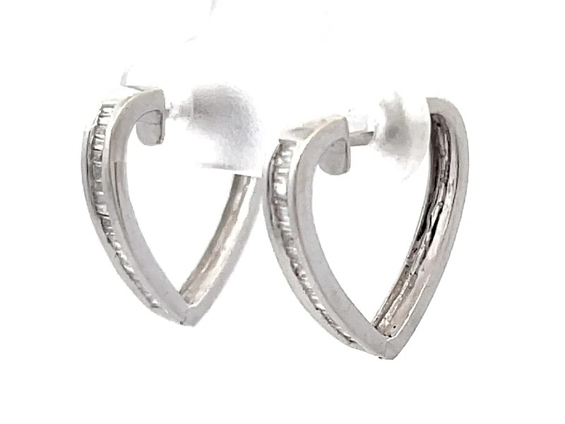 Simple Hoop Earrings for Everyday Use-Baguette Diamond Heart Earrings 18K Solid White Gold