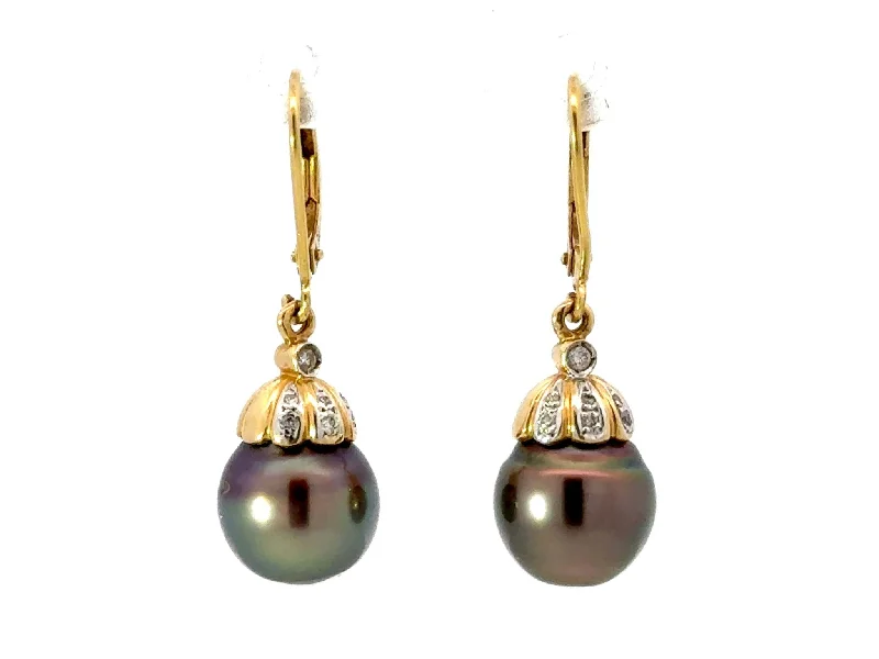 Trendy Long Earrings for Work-Round Tahitian Pearl and Diamond Dangly Earrings 18K Yellow Gold