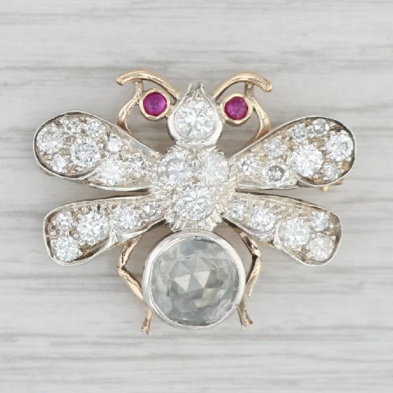 Unique Crystal Brooch Designs-Antique 1.55ctw Diamond Ruby Fly Brooch 10k Gold Silver Bee Pin