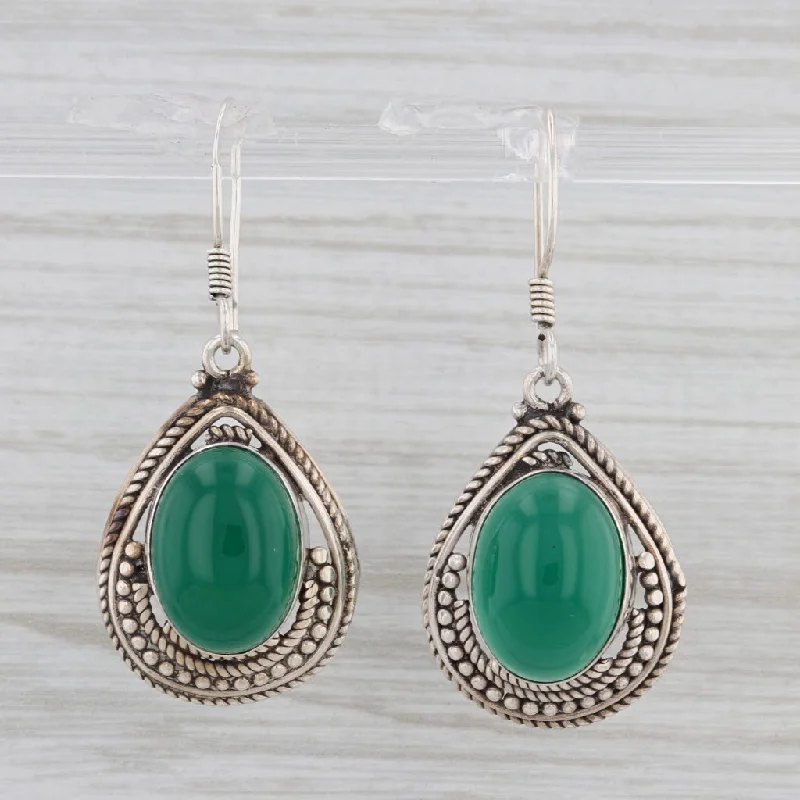 Silver and Gold Mixed Earrings-Vintage Green Chalcedony Teardrop Dangle Earrings Sterling Silver Hook Posts