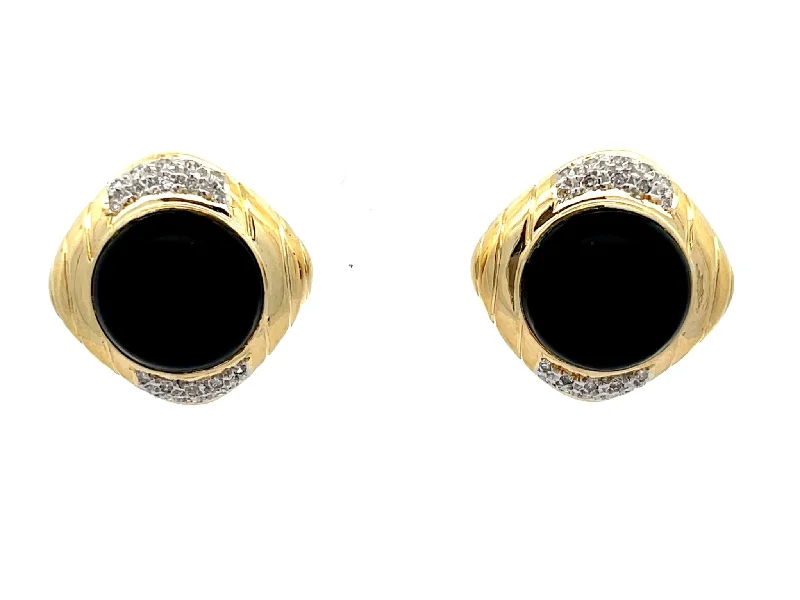 Dangle Earrings with Diamonds-Black Onyx and Diamond Earrings in 14k Yellow Gold