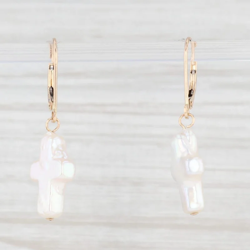 Bright Silver Earrings for Summer-Freshwater Cultured Pearl Cross Dangle Earrings 14k Yellow Gold