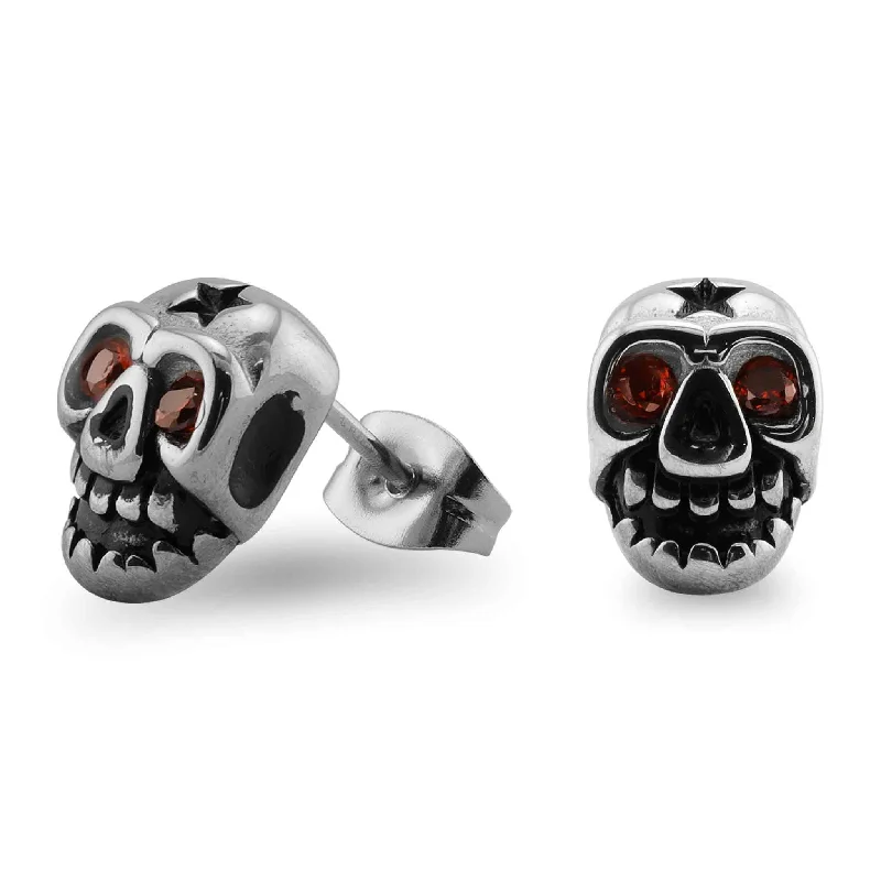 Large Gemstone Drop Earrings-Stainless Steel Dark Red CZ Skull Eyes Post Earrings / ERC1011