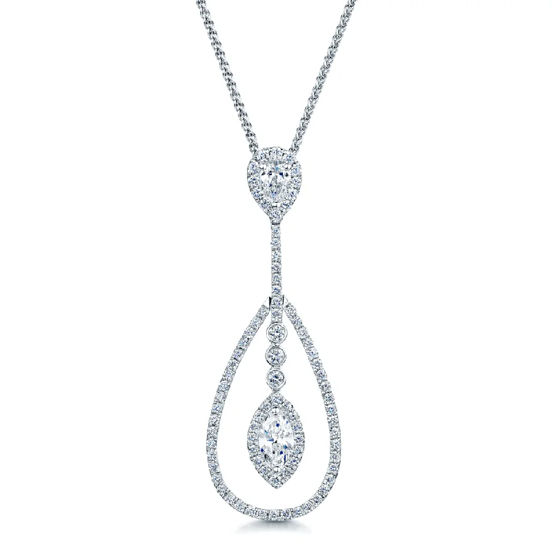 Elegant Crystal Pendant Necklace for Evening Wear-18ct White Gold Long Drop Diamond Pendant